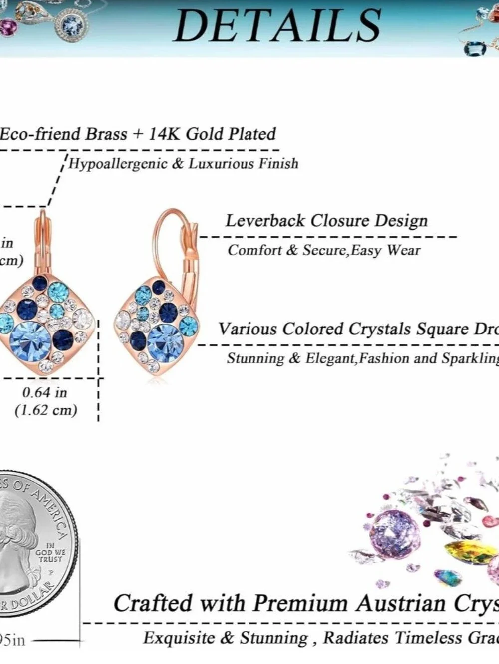 Multicolored Austrian Crystal Square Drop Leverback Huggie Earrings - Picture 4 of 6